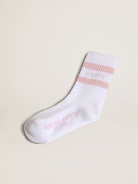 White cotton socks with pink stripes and Golden Goose logo