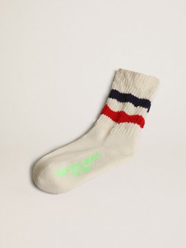 Socks in distressed-finish white cotton with red and navy stripes