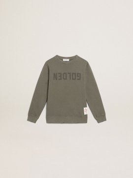 Distressed olive-green sweatshirt with Golden lettering on the front