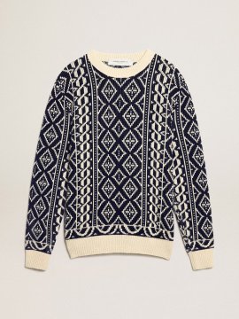 Round-neck sweater with parchment and blue geometric pattern