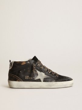 Mid Star sneakers in glossy black leather with ice-gray suede star and black leather flash