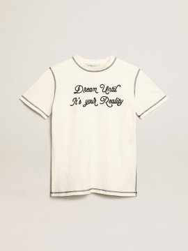 White T-shirt with blue embroidered lettering
